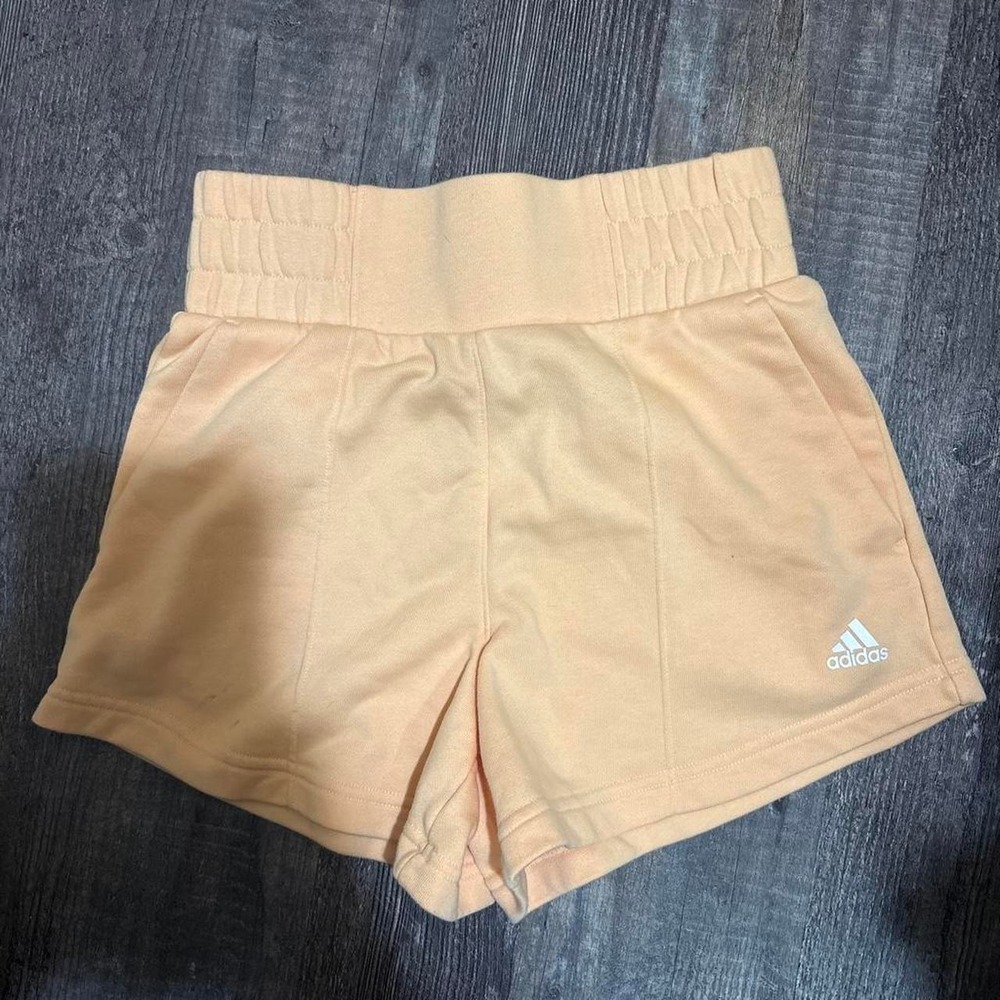 Adidas size xs high waisted peach shorts with white logo